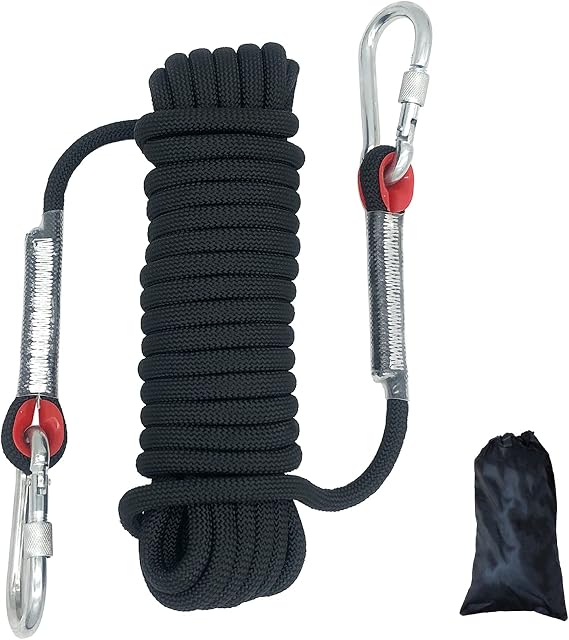 Climbing Rope Diameter 10mm Outdoor Static Cord, High Strength Safety Rope with 2 Carabiner, for Escape, Fire Rescue, Dock Anchoring, Skateboard fixing etc, Black Length 10m