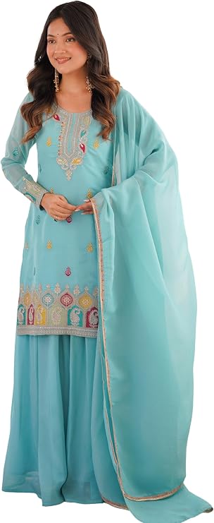 Party Wear Ready To Wear Indian Pakistani Sharara Floral Embroidered Georgette Suit for Women