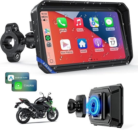 WonVon 6.25 Inch Wireless Motorcycle Carplay GPS Navigation System with Apple Carplay and Android Auto Portable Screen with Dual Bluetooth, Navigation, Siri, Google Assistant with Magnetic Mount