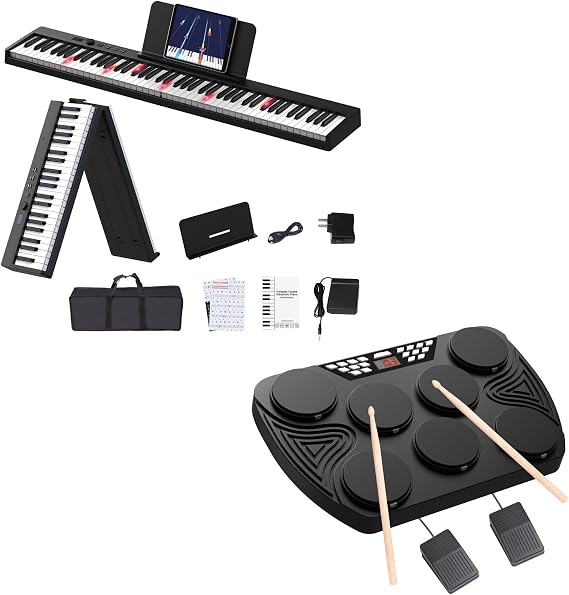 KONIX Folding Piano Keyboard Bundle 7 Pad Portable Digital Drum Pad