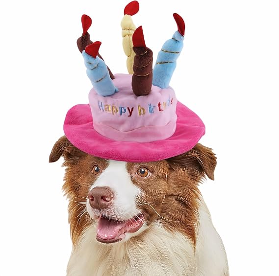 Cute Pet Party Hat for Dogs&Cats - Soft Fluffy Birthday Cap with 5 Color Candles (Blue), Adjustable Strap for Halloween,Costume&Photo Shoots,Fits Small to Large Pets,Washable&Comfortable (Pink)