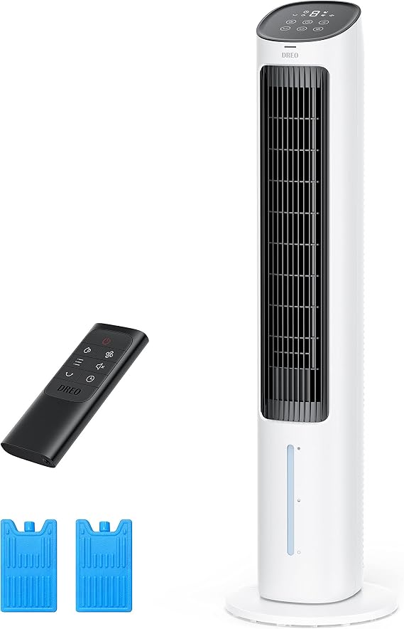 DREO Evaporative Air Cooler, 40 Cooling Fan with 80 Oscillating, Humidifying, Removable Water Tank, Filter, Ice Packs, Remote Control, 3 Speeds, 7H Timer, Personal Swamp Cooler, White, DR-HEC001
