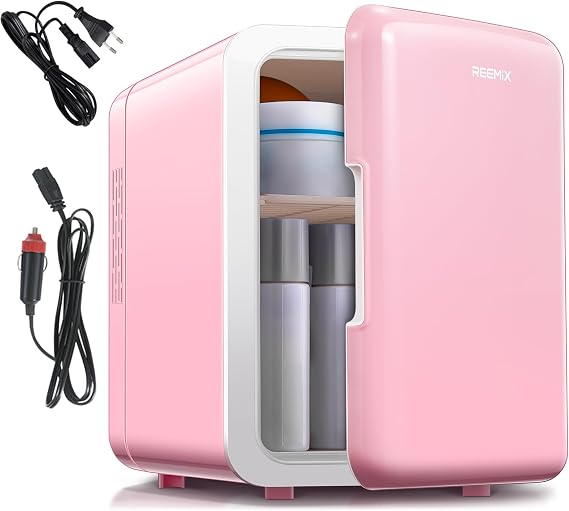 Mini Fridge 6 Litre, 10 Can Portable AC+DC Power Cooler & Warmer, Portable Small Fridge for Bedrooms, Cars, Offices, Skincare, Makeup, Cosmetics, Food (Pink, 6L)