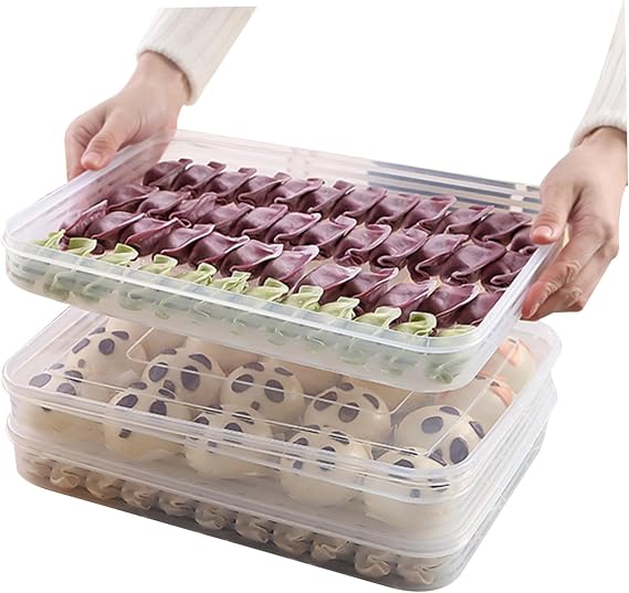 Snack Container Food Storage Container 3Pcs Dumpling Container Box Food Grade Plastic Snack Container Stackable Cookie Container with Lid Transparent Microwave Fridge Safe Storage Containers, Clear