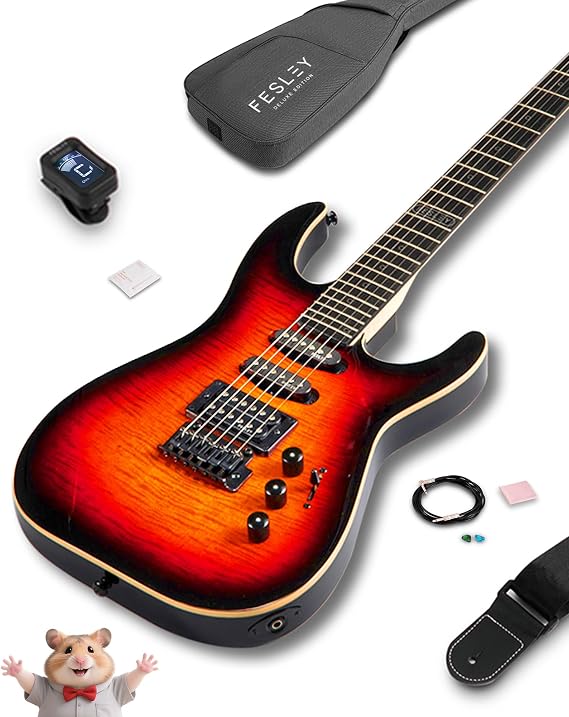 39" Solid Body Electric Guitar: Electric Guitar Kit with Bone Nut, Full Size 6 String Guitars with 24 Frets 10 Pack Guitar Picks (Sunburst)