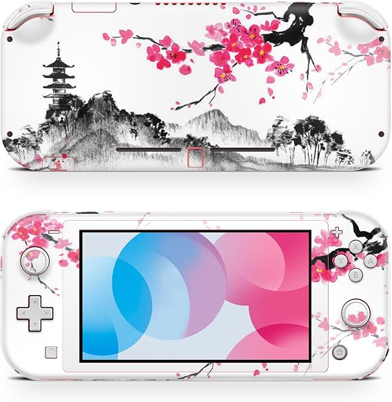 ZOOMHITSKINS Skin Compatible with Switch Lite, Pink Cherry Blossom Japan Temple Floral Design, Durable 3M Vinyl Decal Wrap, Bubble-Free, Made in USA