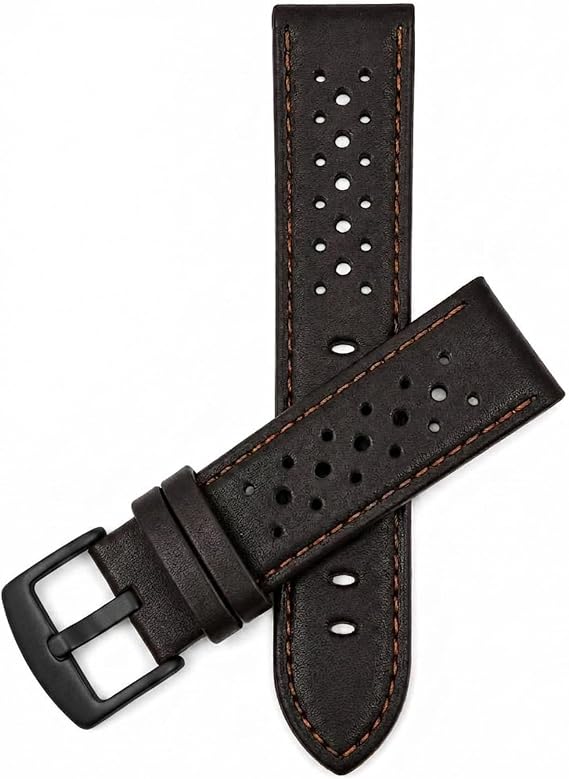Bandini Mens Leather Watch Band Strap, Vented, Racer, GT Rally, Stainless Steel Buckle, 10 Colors - 18mm, 20mm, 22mm, 24mm (Many sizes also come in Extra Long XL)