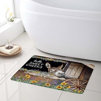LB Farmhouse Donkey Bathroom Rugs Funny Farm Animal Bath Mat Sunflower Bath Rugs Rustic Barns Bath Mats Hello Sweet Cheeks Bathroom Rug for Home Decor, 24x16 Non-Slip Machine Washable