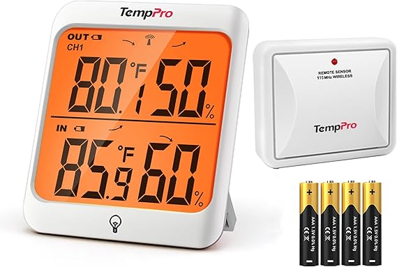 TempPro Indoor Outdoor Thermometer Wireless Hygrometer, 500FT Inside Outside Thermometer, Remote Temperature Monitor with Cold-Resistant Sensor, Outdoor Thermometers for Patio (Previously ThermoPro)