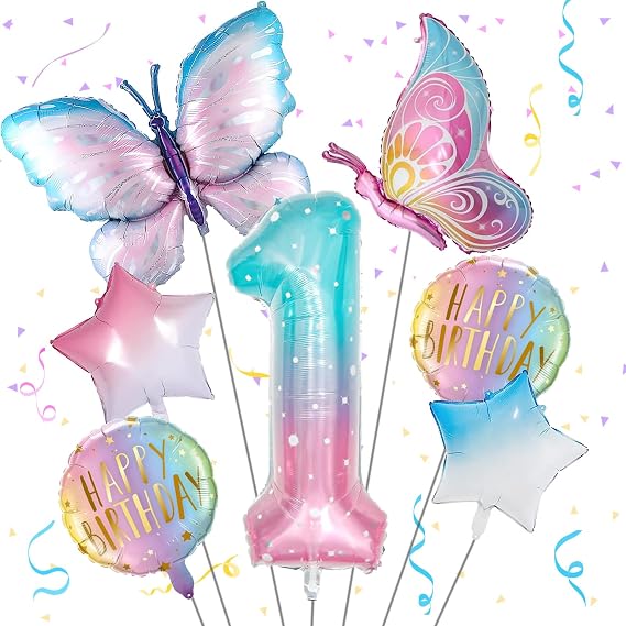 Butterfly Birthday Decorations, Butterfly Balloons, 1st Birthday Party Decorations for Girls, Fantasy Numbers 1 Butterfly Foil Balloon for Princess Girl Aluminum Film Balloons Party Decor Supplies