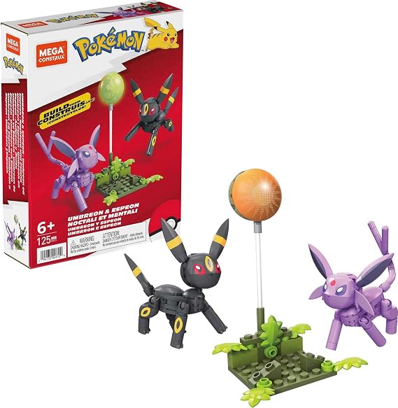 MEGA Pokemon Action Figure Building Toys, Umbreon & Espeon With 122 Pieces, 2 Poseable Characters, 4 Inches Tall, Gift Idea For Kids