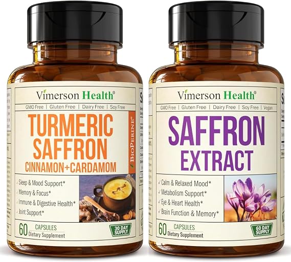 Saffron Mood & Eye Support + Turmeric Curcumin Antioxidant, Joint & Cognitive Wellness Bundle