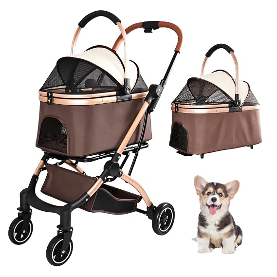 Pet Stroller for Small/Medium Dogs&Cats, Detachable Foldable 4 Wheels Lightweight Dog Stroller with Detachable Carrier, Storage Basket and Sun Canopy for Car Seat & Hand Carry (Khaki)