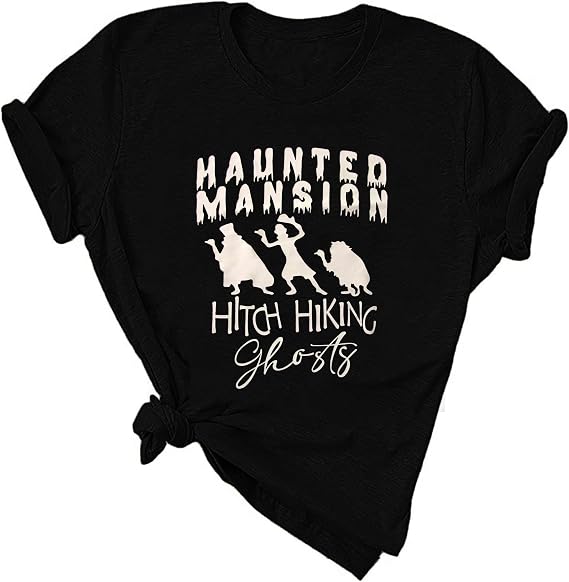 Beware of Hitch Hiking Ghost Shirt Women Funny Halloween Shirts Haunted Tshirt Ghost T-Shirt Short Sleeve Tee