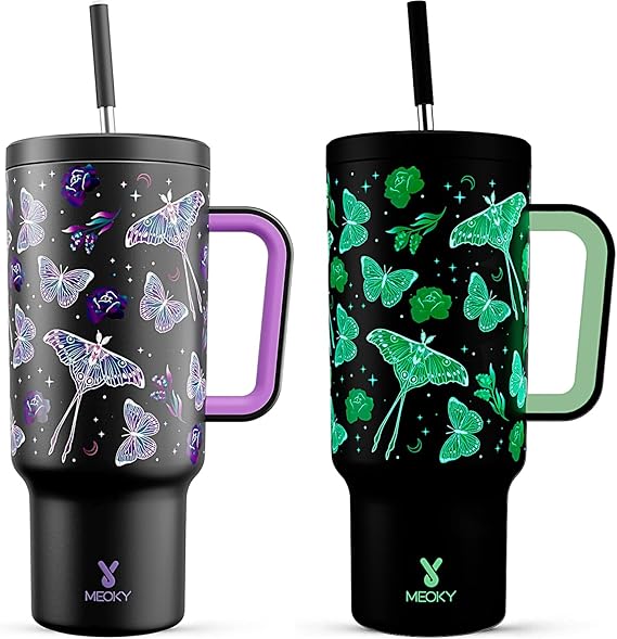 Meoky 1182ml Tumbler with Straw and Lid, 40oz Tumbler with Handle, Insulated Stainless Steel Travel Mug Water Bottle, 100% Leak-Proof, Cold for 34 Hours or Hot for 10 Hours (Butterfly)