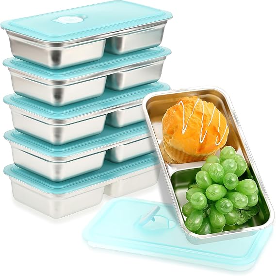 Rainmae 6 Pcs 304 Stainless Steel Bento Boxes, 30 oz 2 Compartments Food Storage Containers Snack Boxes with Leakproof Lids, Divided Meal Prep Lunch Box Food Container Dishwasher Safe