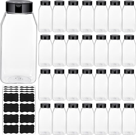 28 Pack Plastic Spice Jars with Cap, 16 Oz Square Plastic Bottle Containers with Shaker Lids and Stickers, Empty Seasoning Jars, Clear Spice Bottles for Storing Spices Herbs Powders, Black