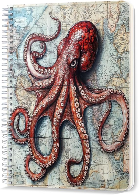 Spiral Notebook,Double-Wire Spiral College Lined Journal Notebook for Study and Notes,100 Pages,5.71x 8.26 in - Red Octopus on a Vintage World Map