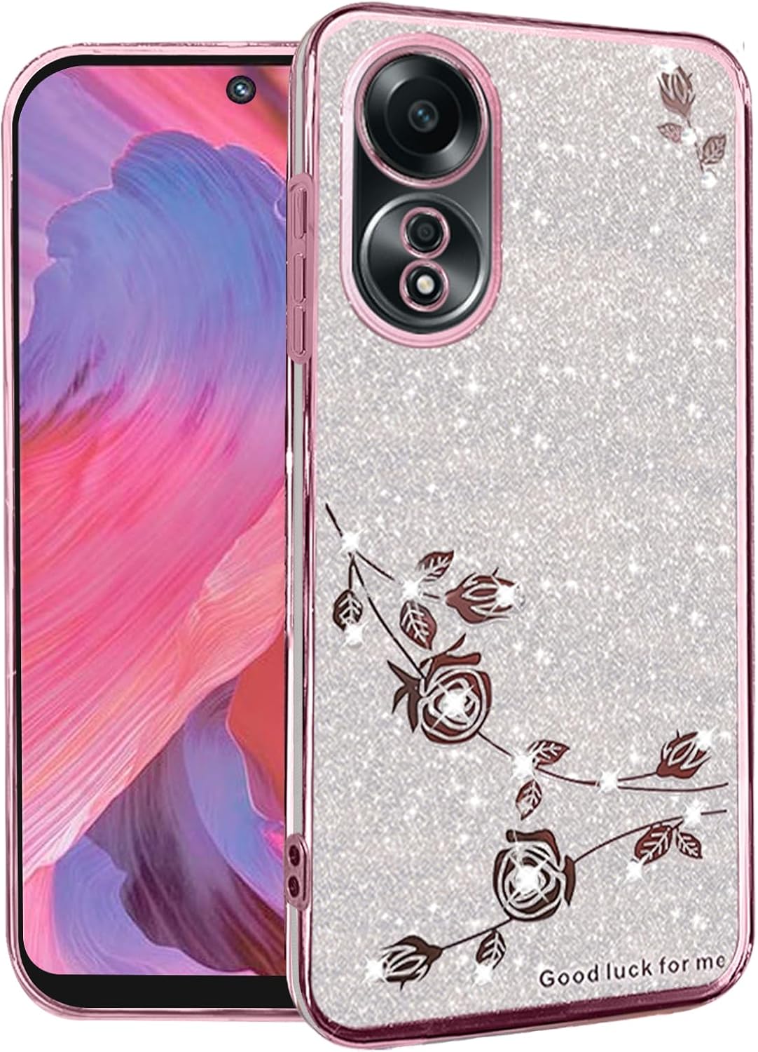 Phone Case for Oppo A18 Case Clear Glitter Floral for Women Men Cute Pretty Bling Phone Cover for Oppo A18 Phone Case Silicone Shockproof with Diamonds Slim Sparkle Luxury Pink-Silver