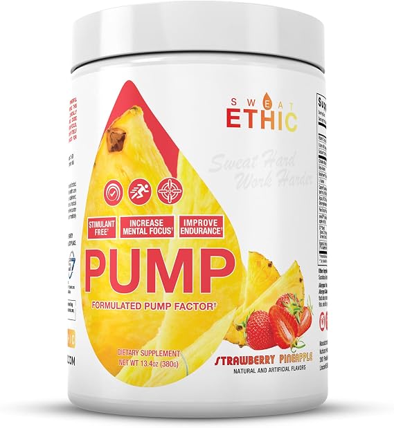 Sweat Ethic Pump Pre Workout Powder, Caffeine Free Pre Workout with Citrulline Malate, Betapower, Beta Alanine, Capros Indian Gooseberry Alpha Gpc, Easy to Mix, Strawberry Pineapple, 42 Servings