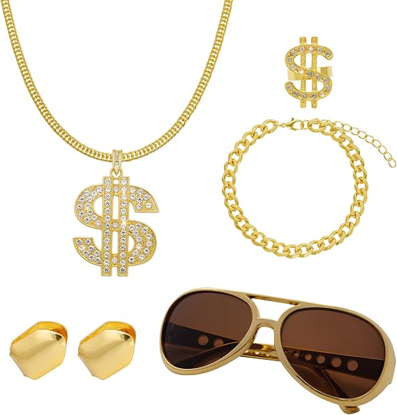 SUMERSHA 6Pcs Hip Hop Costume Accessories Kit 80s 90s Hip Hop Rapper Outfit Accessories for Men Women Disco Party Halloween Costume Set