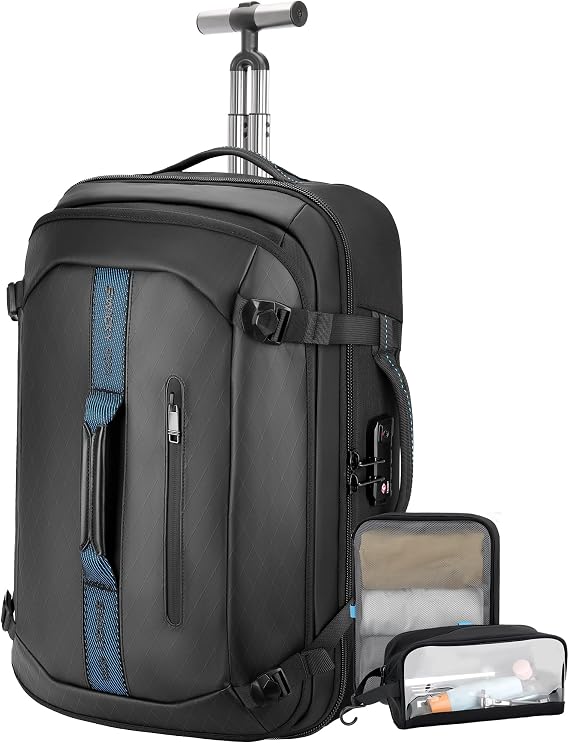 Backpack with wheels,Rolling laptop backpack with 2 Packing Cubes,Water-Resistant,Carry-On Luggage Suitcase for Men Adults to Travel, Commuting,Black