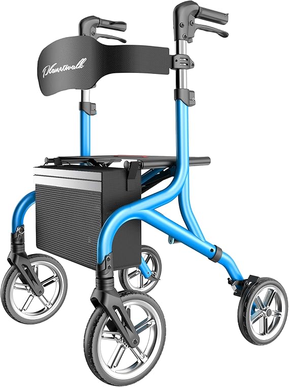 PLANET WALK Super Lightweight Rollator Walker for Seniors, Foldable Rolling Walker with Seat and 10" Rubber Front Wheels for All Terrain, Height Adjustable Backrest, Experience Comfort AnyWhere - Blue