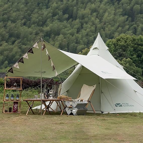 MOBI GARDEN Glamping Camping Tent with Awning Waterproof Made of Polyester Cotton with Supporting Poles Three Season for 2/3/4 People Outdoor Camping