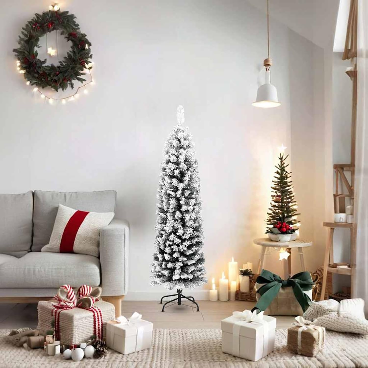 Slim Artificial Christmas Tree with Flocked Snow Green 150 cm PVC Super Natural CMetal Holder, Fast Mounting System, for Home Party Christmas Decoration Model YJXZJ-320953US
