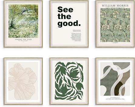 Habseligkeit Green Wall Art Prints, Retro Wall Decors for Room Aesthtic, Abstract Posters for Bedroom Decor Aesthetic Framed, 8X10in, Set of 6