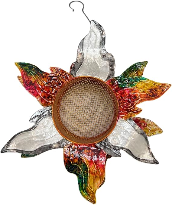 Bird Feeder Sun Metal Wall Art Decor Hanging Birdfeeder, Handmade and Colorfully Acrylic Handpainted Freestanding Seashell Basket Holder in Tropical Coast Beach Style for Garden (11x11x3in)