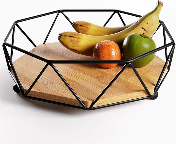Fruit Bowl for Kitchen Counter, 12"W Metal & Wood Stylish Modern Fruit Bowl