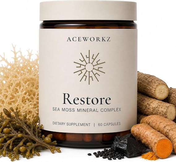 Restore Organic Sea Moss Mineral Complex Daily Mineral Support with Black Seed Oil, Bladderwrack, Burdock, Ashwagandha, Turmeric, ACV & Shilajit BioPerine Enhanced Absorption (60 Capsules)