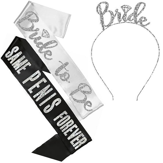 Bachelorette Party Supplies - Set of 3: Silver Diamond Bride to Be White Satin Sash, Silver SPF Black Satin Sash, Silver Diamond Bride to Be Headband - Bride Sash and Crown