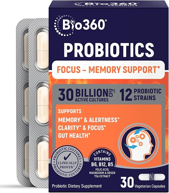 Bio360 Cognitive Support Probiotic for Brain Health, Digestive, Immune Health & Mental Energy, 30 Billion, 12 Probiotics, 25X Green Tea Extract, Magnesium & Vitamin B5, B6 & B12, 30CT