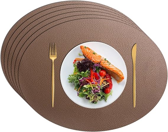 Oval Placemats for Dinning Table, Faux Leather Placemats Heat Resi-stant Table Mats for Farmhouse Restaurant Hotel (Color : Light Brown, Size : Set of 6)