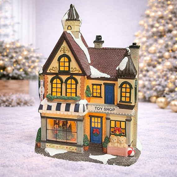 MOMENTS IN TIME Light Up Toy Shop Christmas Village Building 10.8 LED Resin House Battery Operated Holiday Decoration Gift Wrapped Ready Christmas Collectible Holiday Village House Decoration