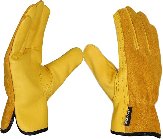 SAWANS Leather Work Gloves Thorn Resistant Gardening Gloves Heavy Duty for Men Women Breathable Flexible Construction