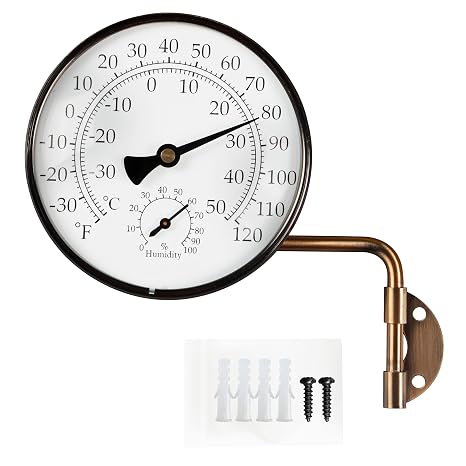 4" Brass Analog Outdoor Thermometer & Humidity Gauge, Vintage Decor | Easy Install, Battery-Free, Window Readable for Patio Garden Garage Greenhouse