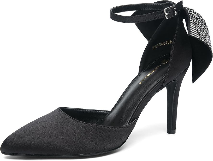 NEWBELLA Heels for Women with Bow Pointed Toe Heels Stiletto Heel Satin Pumps Wedding Shoes