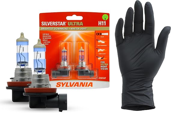 SYLVANIA - H11 SilverStar Ultra plus Free Installation Gloves - High Performance Halogen Headlight Bulb, High Beam, Low Beam, Fog Replacement Bulb, Brightest Down Road Whiter Light (Contains 2 Bulbs)
