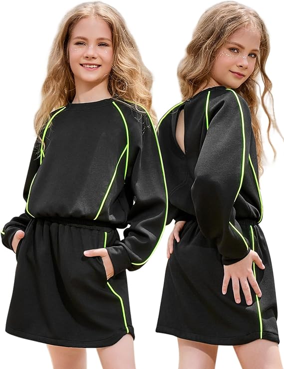 Jxstar Girl Cropped Tracksuits 2 Piece Long Sleeve Skirt Sets Jogger Sweatshirt Open Back Skorts Set