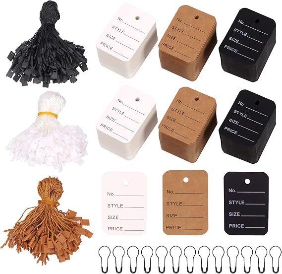 Keadic 1700Pcs Pre-Printed Clothing Price Tag and Hang Tag String with Black Metal Gourd Safety Pins Set, Perforated Garment Coupon Tag and Nylon Loop Fastener Hook Ties for Clothes Retail Store