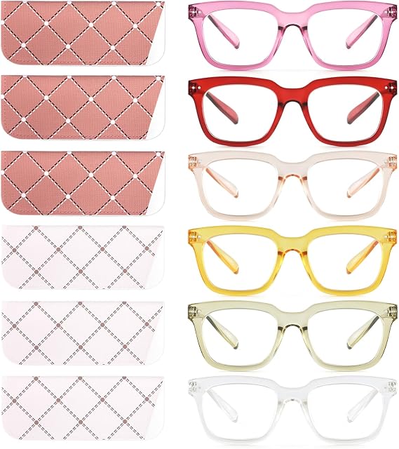 6 Pack Fashion Reading Glasses for Women Men Blue Light Blocking Oversized Square Readers with Spring Hinge