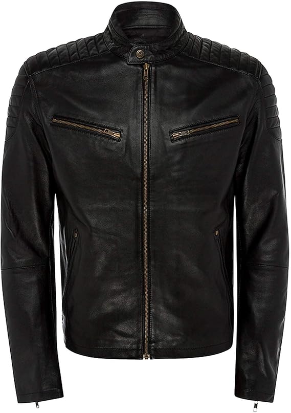 Men's Genuine Black Leather Vintage Cafe Racer Biker Jacket