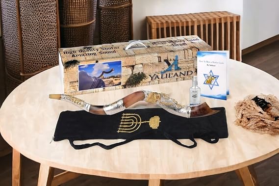 Shofar from Israel Polish Polished Silver Plated Set 30-32" Kudu Horn Yemenite Lion Of Judah + Bag + Guide + Carrying Box Case