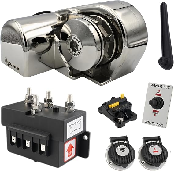 Excalibur Vertical or Horizontal Windlass Anchor Systems - 600W-900W, 12V DC, 992-1452 lbs Pulling Power, 316 Stainless Steel Housing, Chain 1/4 Inch HT G4 and Rope 1/2 Inch, for Boats Up to 40 FT