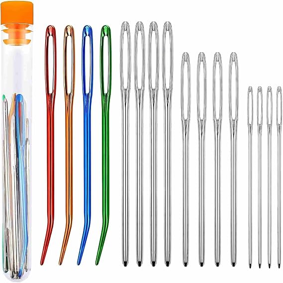 Large-Eye Sewing Needles Set, 16 Pieces, Mixed Sizes with Blunt Tips, Includes Coloured and Silver Needles with Storage Tube,Wool Needles for Sewing Up Knitting for Crochet DIY Crafts,Yarn Needle(Rand