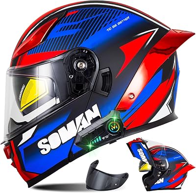 Bluetooth Modular Motorcycle Helmet, DOT Approved Flip Up Full Face Integrated Helmet, Street Bike Motorcycle Helmets for Men, with Dual Visor and Microphone, for Adults Men Women