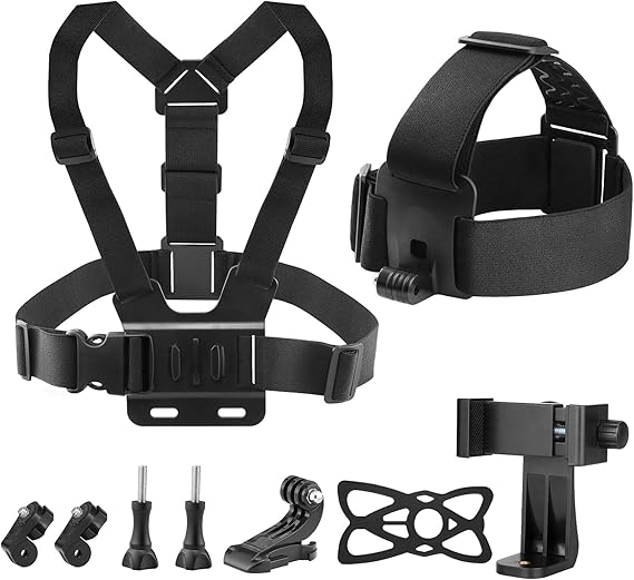 9-in-1 Chest & Head Mount Kit for GoPro, iPhone, DJI, Action Cam POV | Hands-Free POV Recording. Compatible with Samsung, Insta360, AKASO, SJCAM. Sturdy phone clamp & protective net included